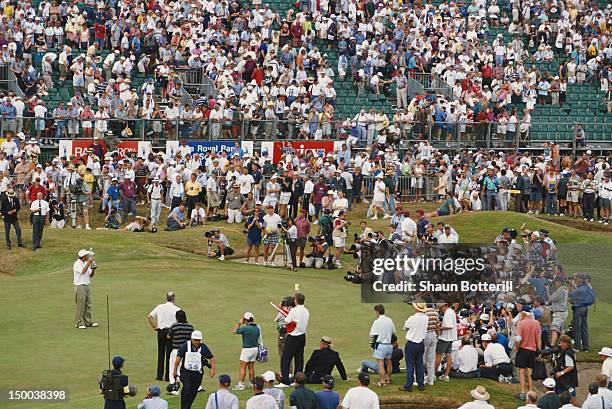 Tom Lehman of the United States celebrates after winning the 125th Open Championship on 21st July 1996 at the Royal Lytham and St Annes Golf Club in...
