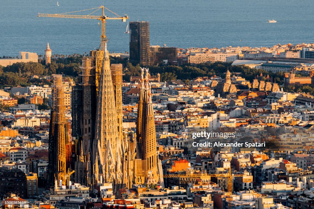 Sagrada Familia and Barcelona skyline high angle view, Spain