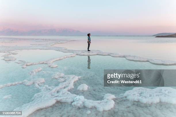 woman standing on salt formations in dead sea at sunset - dead person photos - fotografias e filmes do acervo