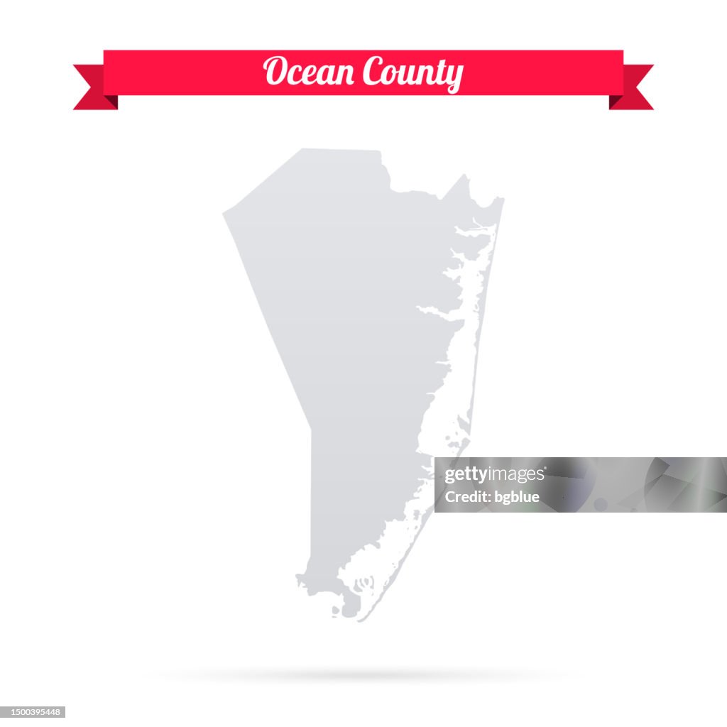 Ocean County, New Jersey. Map on white background with red banner