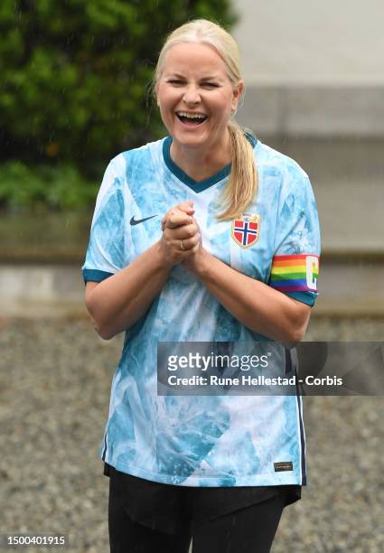 Crown Princess Mette-Marit attends a Friendship Football Match at Skaugum Stadium on June 21, 2023 in Oslo, Norway.