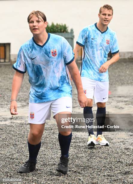 Prince Sverre Magnus and Martin Odegaard attend a Friendship Football Match at Skaugum Stadium on June 21, 2023 in Oslo, Norway.