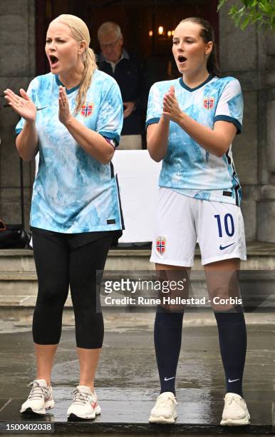 Crown Princess Mette-Marit and Princess Ingrid Alexandra attend a Friendship Football Match at Skaugum Stadium on June 21, 2023 in Oslo, Norway.