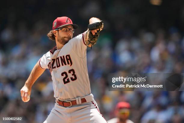 Zac Gallen of the Arizona Diamondbacks pitches against the Milwaukee Brewers in the first inning at American Family Field on June 21, 2023 in...