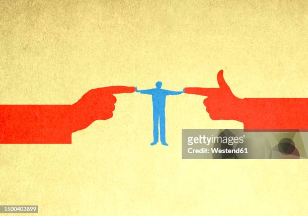 stockillustraties, clipart, cartoons en iconen met illustration of man standing between two pointing hands - bemiddeling