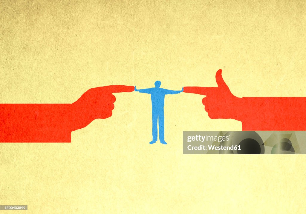 Illustration of man standing between two pointing hands