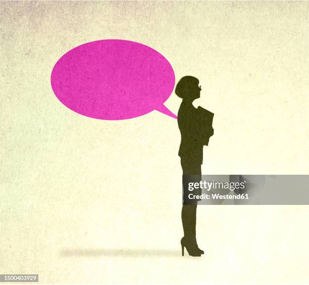 illustration of speech bubble behind silhouette of businesswoman - stabbing stock illustrations