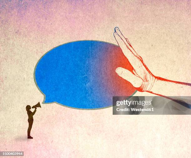illustration of hand stopping speech bubble of female speaker - reden stock-grafiken, -clipart, -cartoons und -symbole