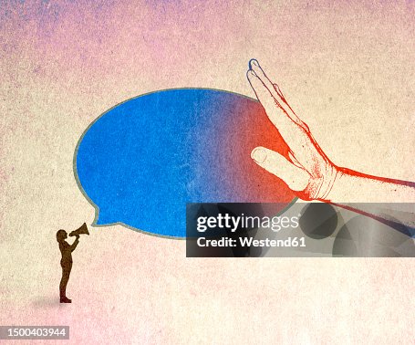 Illustration of hand stopping speech bubble of female speaker Illustration of hand stopping speech bubble of female speaker