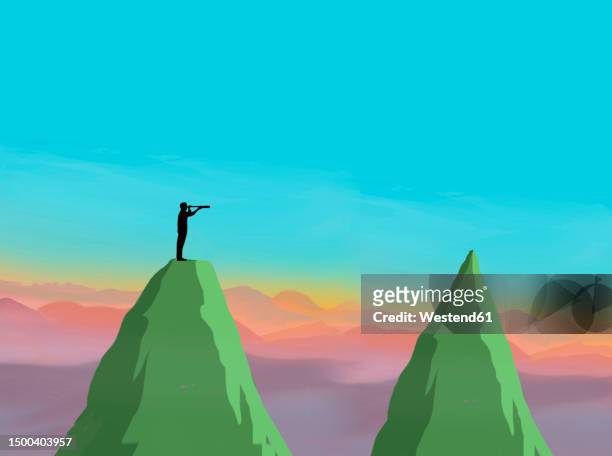 illustration of man standing on mountaintop looking through telescope at another peak - lighting technique stock illustrations