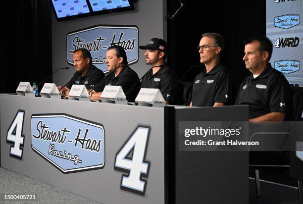 Chief competition officer Greg Zipadelli, co-owner Tony Stewart, driver Josh Berry, driver Kevin Harvick and crew chief Rodney Childers answer...