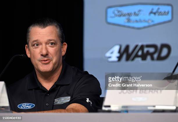Co-owner Tony Stewart of Stewart-Hass Racing talks with the media during a press conference introducing Josh Berry as the new driver of the...