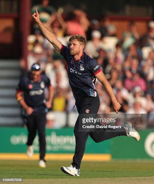 David Willey of Northamptonshire Steelbacks celebrates after taking the wicket of Luis Reece during the Vitality Blast T20 match between...