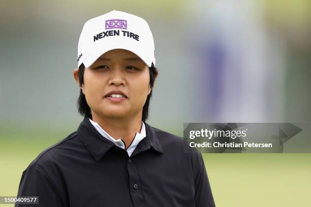 Haru Nomura of Japan reacts on the 18th green during a practice round prior to the KPMG Women's PGA Championship at Baltusrol Golf Club on June 21,...