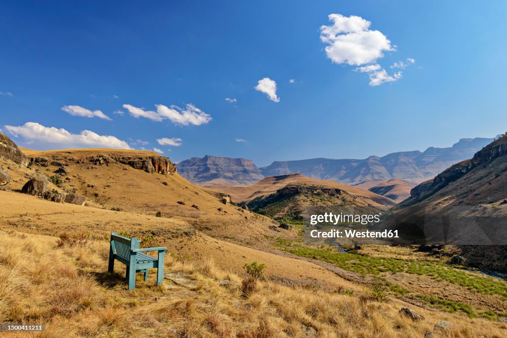 Empty bench overlooking Giant's Castle, KwaZulu-Natal, Drakensberg, South Africa