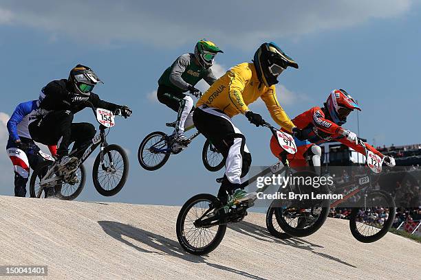 Khalen Young of Australia leads the pack during the Men's BMX Cycling Quarter Finals on Day 13 of the London 2012 Olympic Games at BMX Track on...