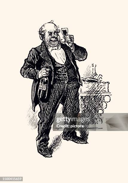 british satire and comic cartoon : social alcoholism in 1892 (xxxl with many details) - mocktail stock illustrations