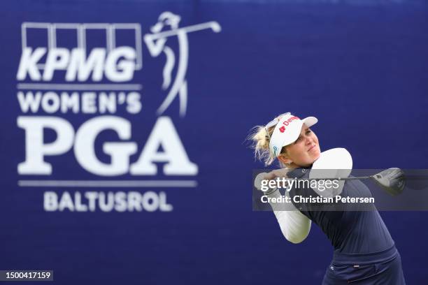 Nanna Koerstz Madsen of Denmark plays a tee shot on the first hole during a practice round prior to the KPMG Women's PGA Championship at Baltusrol...