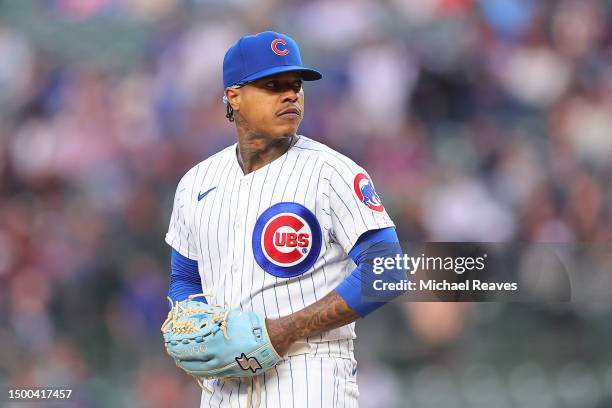 Marcus Stroman of the Chicago Cubs reacts against the Pittsburgh Pirates at Wrigley Field on June 15, 2023 in Chicago, Illinois.