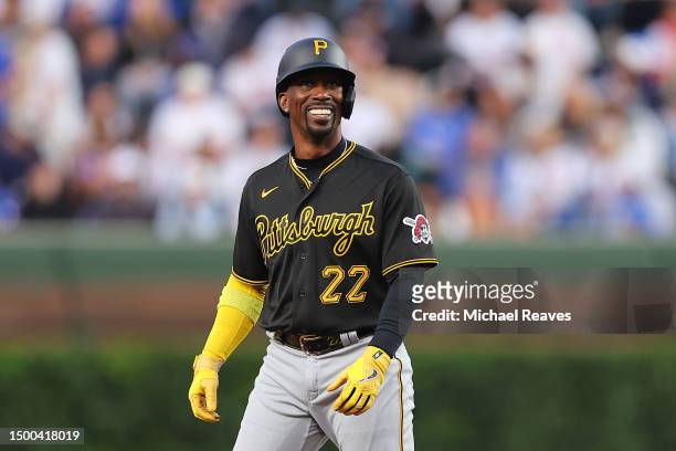 Andrew McCutchen of the Pittsburgh Pirates laughs against the Chicago Cubs at Wrigley Field on June 15, 2023 in Chicago, Illinois.