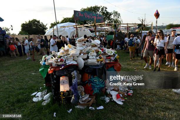 Overflowing rubbish bins on Day 1 of Glastonbury Festival 2023 on June 21, 2023 in Glastonbury, England.
