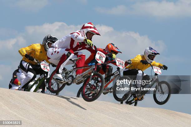 Maris Strombergs of Latvia in action during the Men's BMX Cycling Quarter Finals on Day 13 of the London 2012 Olympic Games at BMX Track on August 9,...