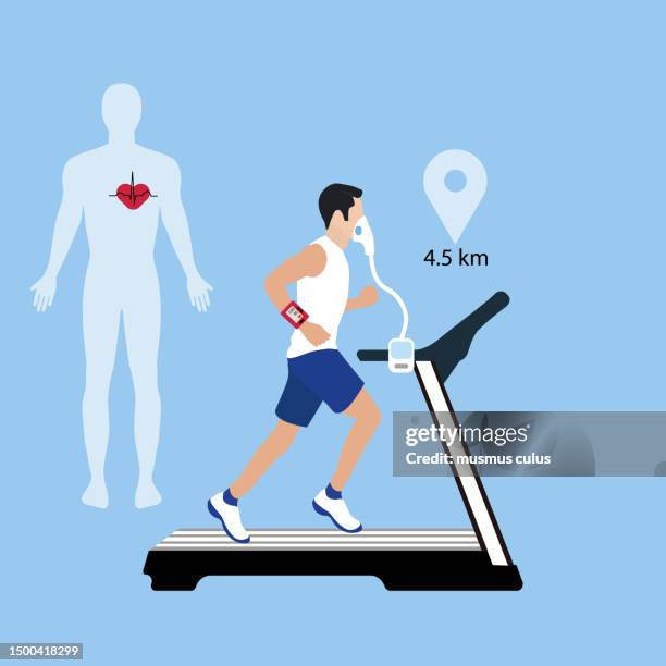 männlicher athlet, der ekg- und vo2-test auf dem laufband durchführt - laufband stock-grafiken, -clipart, -cartoons und -symbole