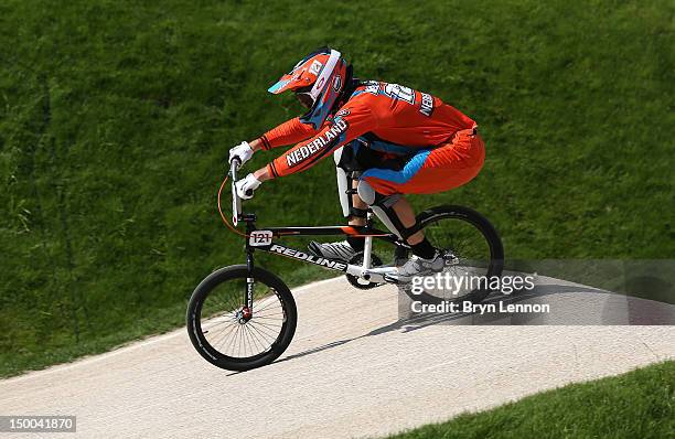 Raymon van der Biezen of the Netherlands in action during the Men's BMX Cycling Quarter Finals on Day 13 of the London 2012 Olympic Games at BMX...