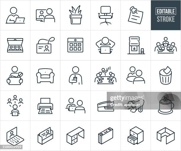 office and office supplies thin line icons - editable stroke - sitting icon stock illustrations