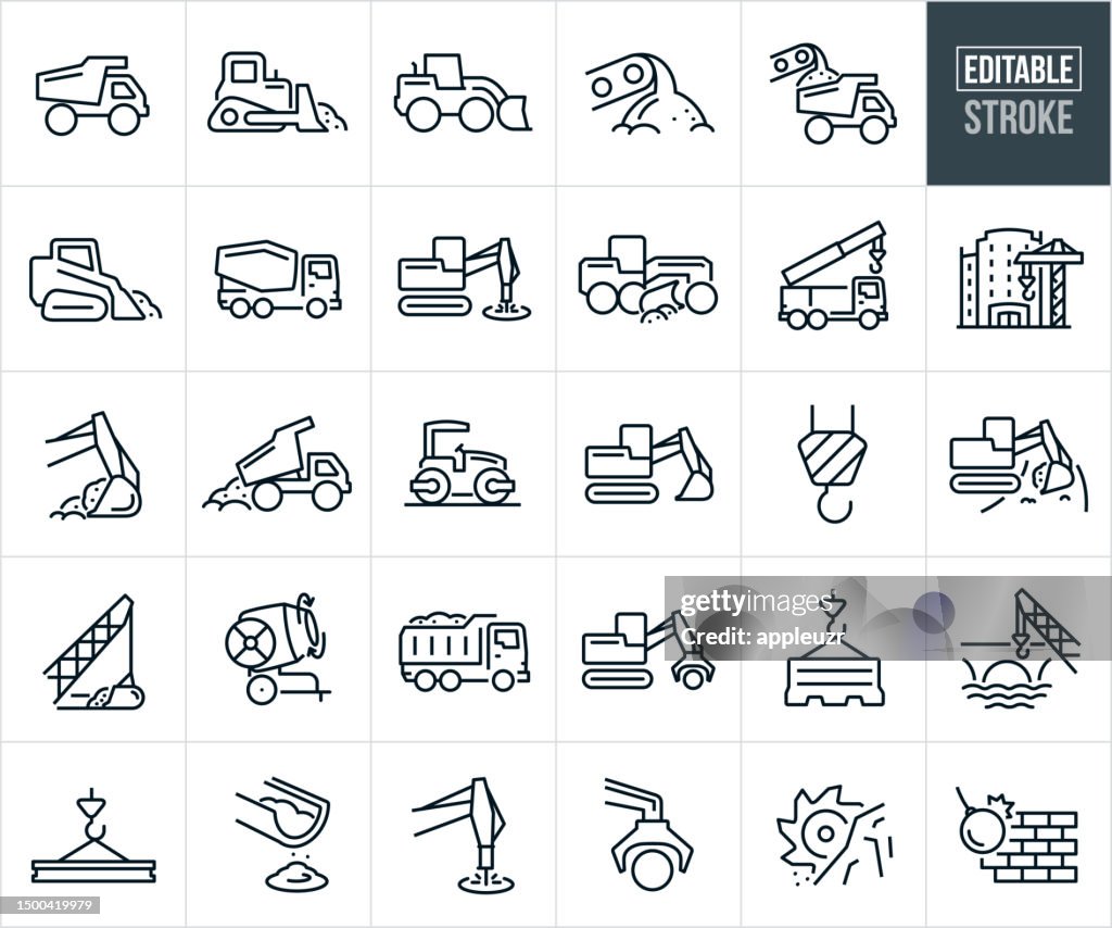 Construction Machinery And Heavy Equipment Icons - Editable Stroke