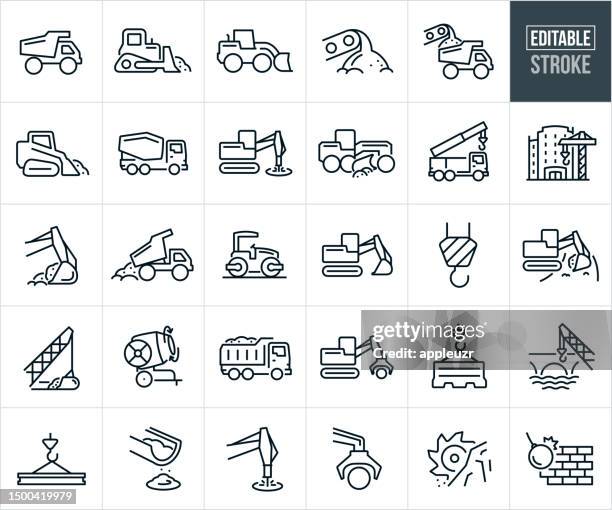 construction machinery and heavy equipment icons - editable stroke - cement mixer truck stock illustrations