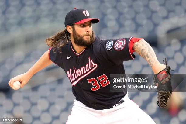 Trevor Williams of the Washington Nationals pitches in the first inning during a baseball game against the St. Louis Cardinals at Nationals Park on...