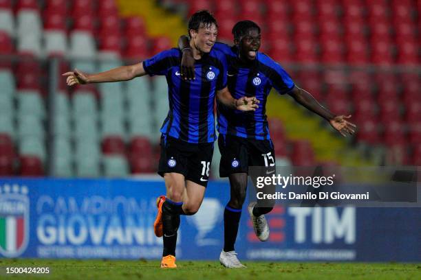 Matteo Lavelli of FC Internazionale U17 celebrates after scoring a goal during the Serie A e B U17 Semifinal match between FC Internazionale and ACF...