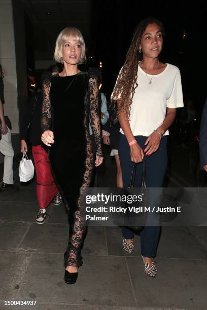 Lily Allen and Miquita Oliver seen leaving the Duke of York's Theatre after Allen's performance in "The Pillowman" on June 21, 2023 in London,...