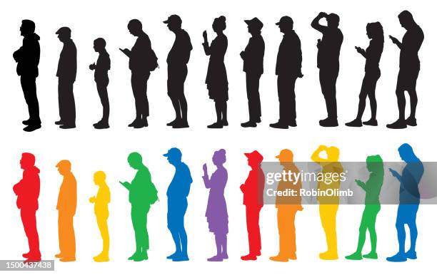 people standing in line silhouettes - iphone white background stock illustrations