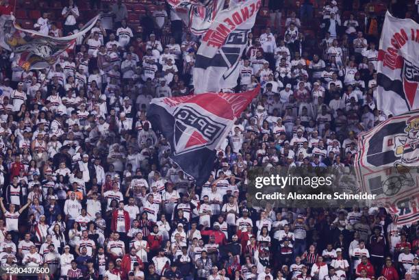 Fans of Sao Paulo cheer for their team during a match between Sao Paulo and Athletico Paranaense as part of Brasileirao Series A 2023 at Morumbi...