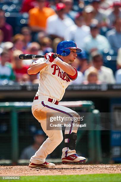 Mike Fontenot of the Philadelphia Phillies bats against the Los Angeles Dodgers at Citizens Bank Park on Thursday, June 7, 2012 in Philadelphia,...