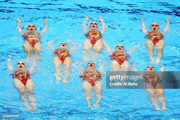 Russia competes in the Women's Teams Synchronised Swimming Technical Routine on Day 13 of the London 2012 Olympic Games at the Aquatics Centre on...