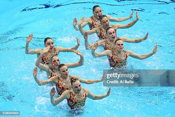 Russia competes in the Women's Teams Synchronised Swimming Technical Routine on Day 13 of the London 2012 Olympic Games at the Aquatics Centre on...