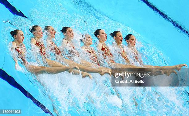 Russia competes in the Women's Teams Synchronised Swimming Technical Routine on Day 13 of the London 2012 Olympic Games at the Aquatics Centre on...