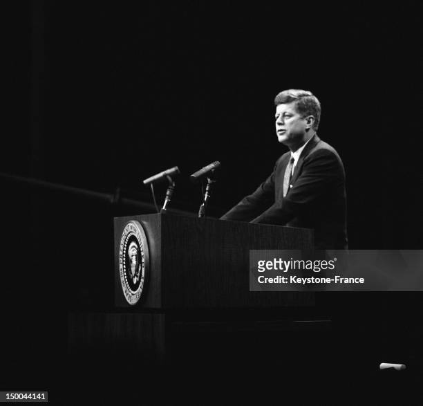 American President John Fitzgerald Kennedy's press conference on February , 1962 in Washington DC, United States.