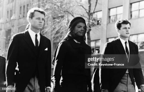 Robert Kennedy and Edward Kennedy with their sister in law Jacqueline Kennedy during the funeral of President John F Kennedy on november 25, 1963 in...