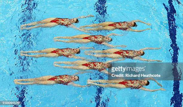 Russia competes in the Women's Teams Synchronised Swimming Technical Routine on Day 13 of the London 2012 Olympic Games at the Aquatics Centre on...