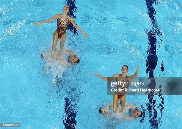 Russia competes in the Women's Teams Synchronised Swimming Technical Routine on Day 13 of the London 2012 Olympic Games at the Aquatics Centre on...