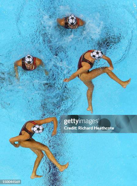 Canada competes in the Women's Teams Synchronised Swimming Technical Routine on Day 13 of the London 2012 Olympic Games at the Aquatics Centre on...