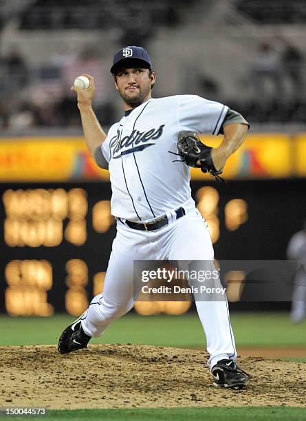 Huston Street of the San Diego Padres plays during a baseball game against the Chicago Cubs at Petco Park on August 6, 2012 in San Diego, California.