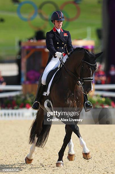 Charlotte Dujardin of Great Britain riding Valegro competes the Individual Dressage on Day 13 of the London 2012 Olympic Games at Greenwich Park on...