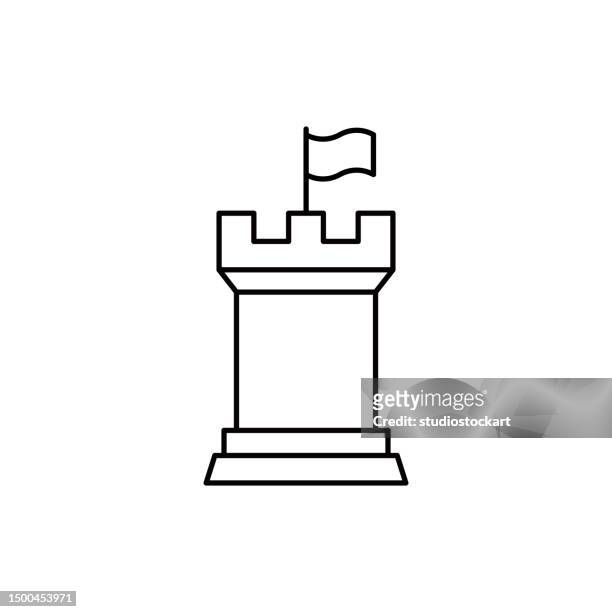 ilustraciones, imágenes clip art, dibujos animados e iconos de stock de icono de línea de torre con trazo editable - torre pieza de ajedrez