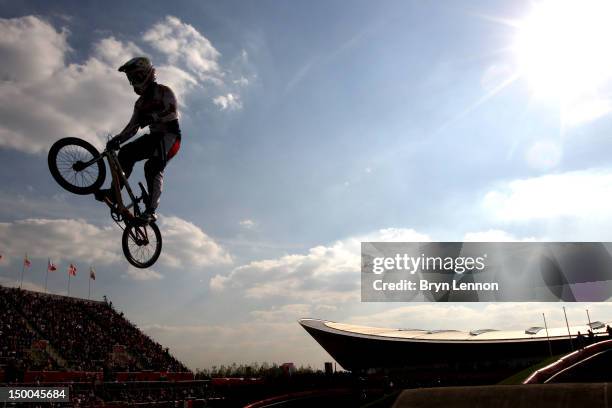 Rider clears a jump during the Men's BMX Cycling Quarter Finals on Day 13 of the London 2012 Olympic Games at BMX Track on August 9, 2012 in London,...