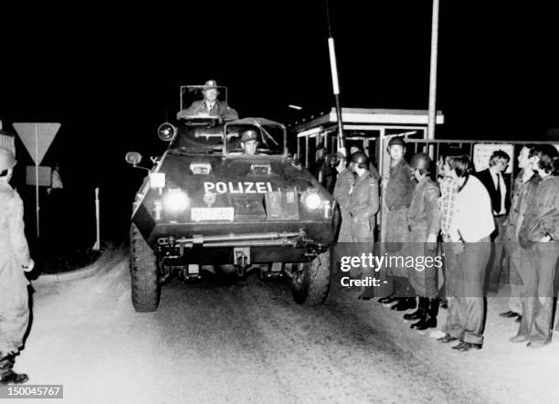 Police armoured car leaves the Fürstenfeldbruck Air Base, on September 06, 1972 in Munich after the failed action of the German police forces to free...